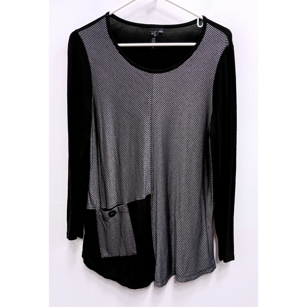 Focus Casual Life Tunic Top Womens Small Black Gray Striped Long Sleeve Artistic